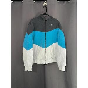 Hurley Colorblock Zip Hoodie – Size L, Gray/Blue, Logo Chest, Sleeve Damage